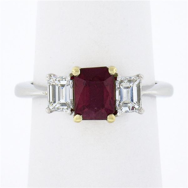 18K Gold & Platinum 2.15 ctw GIA Burma VIVID RED Ruby & Emerald Cut Diamond Ring