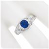 Image 3 : NEW 14k Gold GIA Half Bezel Round Sapphire w/ Diamond Milgrain & Wheat Work Ring