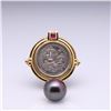Image 2 : Pair of 18k Yellow Gold South Sea Black Pearl, Ruby & Byzantine Coin Earrings