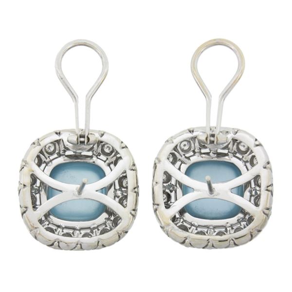 14K White Gold 20 ctw Aquamarine Cushion Cut w/ Diamond Halo Large Button Earrin