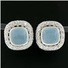 Image 5 : 14K White Gold 20 ctw Aquamarine Cushion Cut w/ Diamond Halo Large Button Earrin