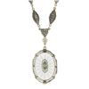 Image 3 : Antique Art Deco White Gold Camphor Glass & Chrysoprase Filigree Drop Necklace