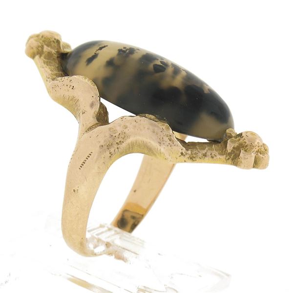 Antique Solid Gold 20x11.8mm Cabochon Prong Moss Agate Solitaire 3D Floral Ring