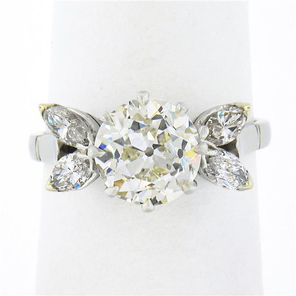 Vintage Platinum 2.58 ctw GIA European Diamond w/ Marquise Accents Engagement Ri