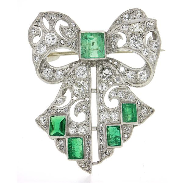 Antique Art Deco Platinum Old Cut Diamond & Emerald Large Ribbon Bow Pin Brooch