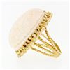 Image 6 : Vintage 14k Gold LARGE Hand Carved Flower Motif Oval Pink Angel Skin Coral Ring