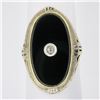 Image 7 : Vintage 14k Gold Elongated Oval Black Onyx w/ Diamond Center Floral Work Ring