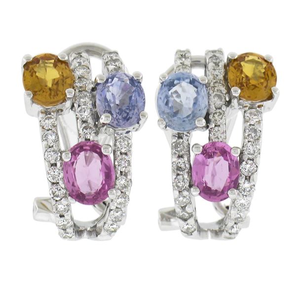 Solid 14k White Gold 3.10 ctw Multi Color Sapphire & Diamond Omega Cuff Earrings