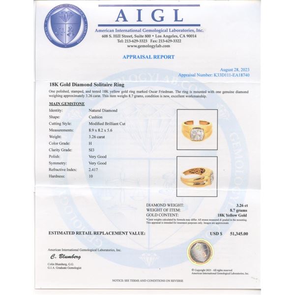 3.26 ctw SI3 CLARITY H COLOR CENTER Diamond 18K Yellow Gold Ring