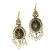 Image 5 : Vintage Victorian Revival 14k Gold Pearl Drop Dangle Earrings w/ Black Enamel