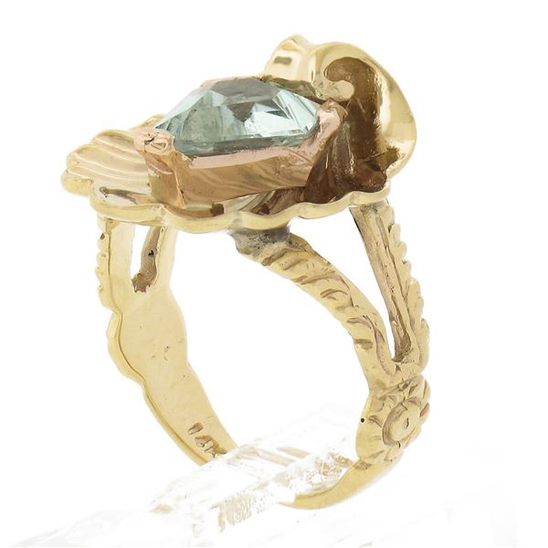 Retro 14k Rosy Yellow Gold Unique Shape Aquamarine in Scalloped Shell Split Ring