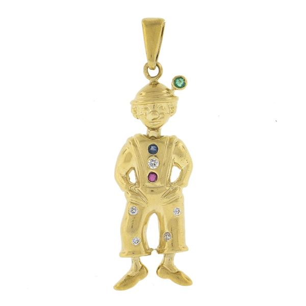 Vintage 18K Gold Emerald Sapphire Ruby & Diamond Moveable Clown Charm Pendant