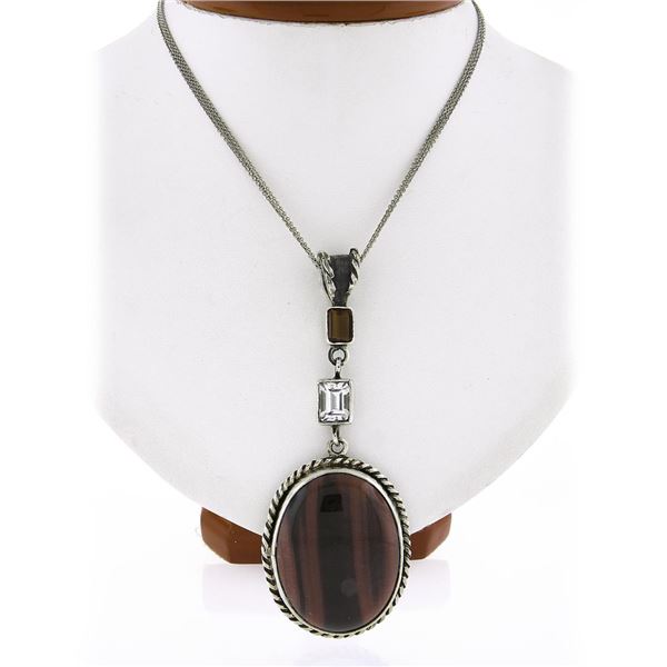 Vintage Silver Oval Tiger's Eye w/ Orange & Pink Stones Accents Pendant Necklace