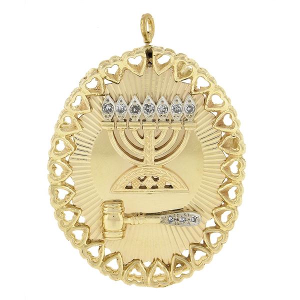 Vintage Gold 0.15 ctw Diamond Fluted Detailed Menorah Pin Brooch Pendant