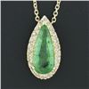 Image 3 : 18K Gold 2.15 ctw Elongated Pear Emerald w/ Diamond Halo Teardrop Pendant Neckla