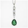 Image 2 : 14K White Gold Pear Emerald & Round Diamond Tear Drop Dangle Pendant w/ Chain