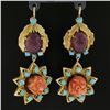 Image 4 : Vintage 18K Gold Carved Flower Coral & Ruby w/ Turquoise Drop Dangle Earrings