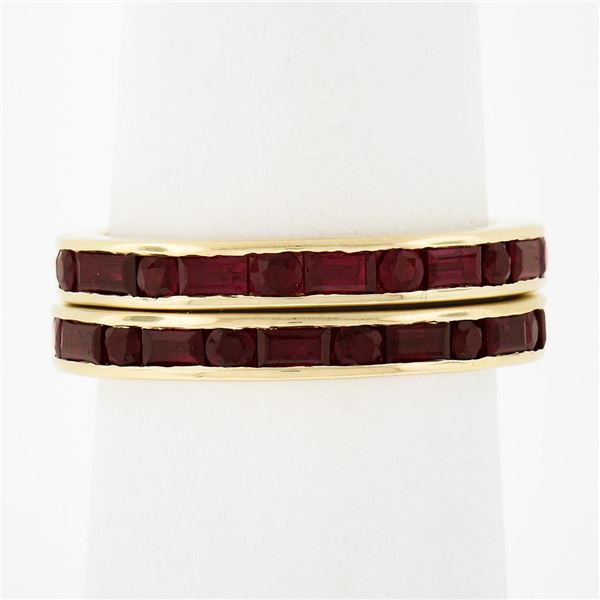 Pair of 18k Gold Channel GIA Vivid Red Burma Ruby Eternity Stack Band Guard Ring