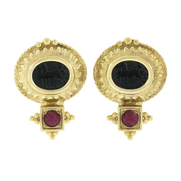 Italian 14k Gold Carved Intaglio Black Onyx & Cabochon Ruby Beaded Drop Earrings