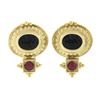 Image 1 : Italian 14k Gold Carved Intaglio Black Onyx & Cabochon Ruby Beaded Drop Earrings
