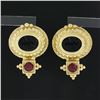 Image 2 : Italian 14k Gold Carved Intaglio Black Onyx & Cabochon Ruby Beaded Drop Earrings