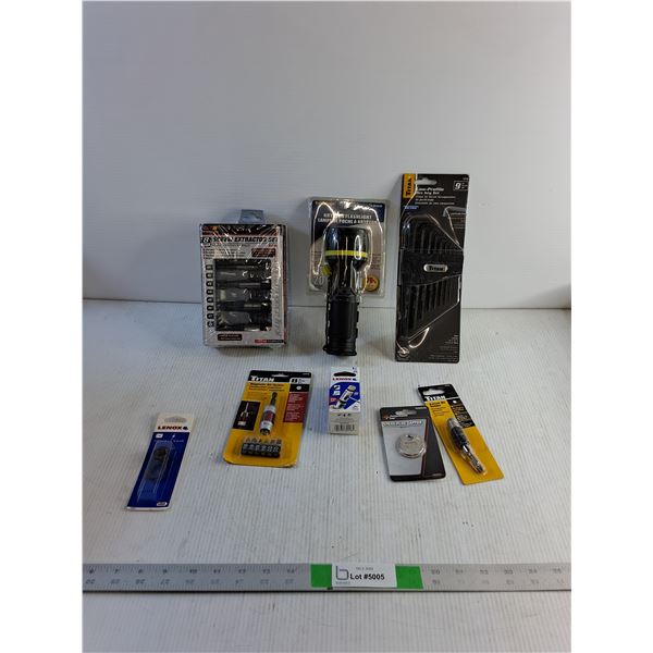 8 Piece Screw Extractor Set, Krypton Flashlight, Titan 9 Piece Hex Key Set, (2) Titan Bit Holders, E