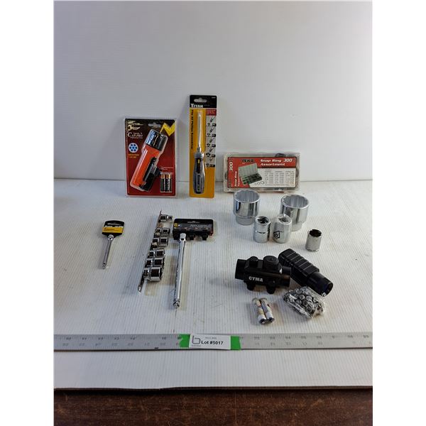 Waterproof Flashlight, Screwdriver, 300 Piece Snap Ring Assortment, Etc, Rifle Sights