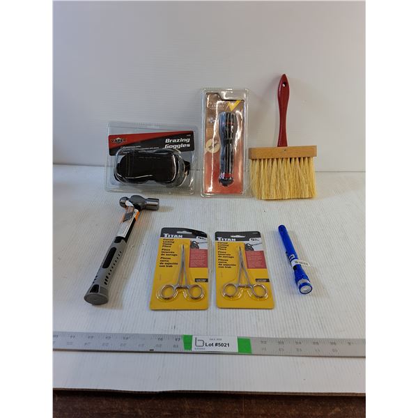 Brazing Goggles, (2) Flashlights, Hammer, (2) curved Locking Clamp Pliers, Utility Brush