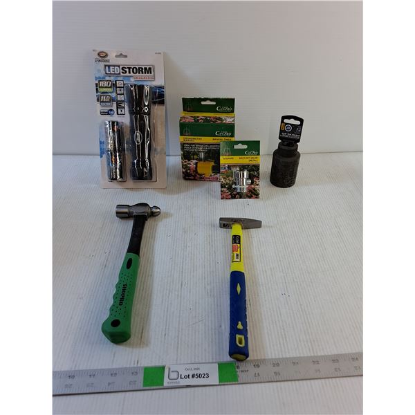 Magnetic Flashlight, Can-Pro Manual Sprinkler Timer & Shut off Valve, (2) Hammers