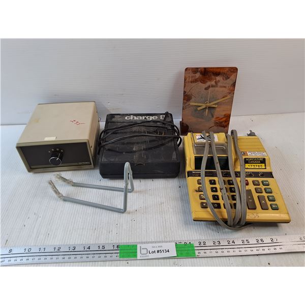Vintage Desk Clock, Sharp Electronic Printing Calculator, GE Battery Charger, Misc  - As Is