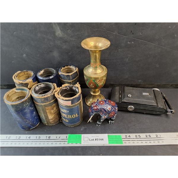 Vintage Record Tubes, Brass Vase, Vintage Film Camera, Elephant Ornament