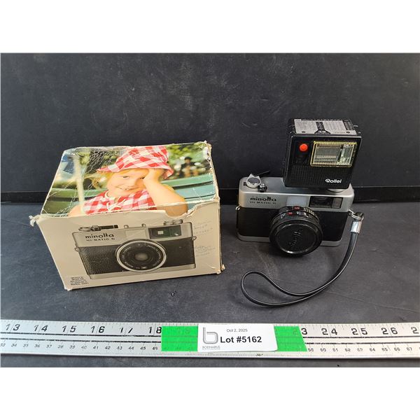 Vintage Minolta Hi Matic G Film Camera & Rollei Flash - As Is