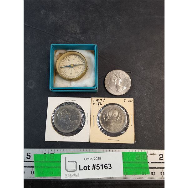 (3) Vintage Canadian Dollar Coins, Vintage Compass