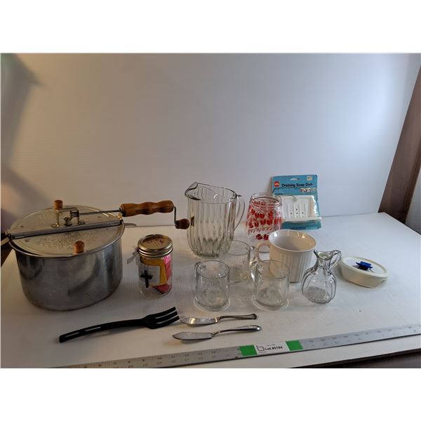 Popcorn Popper, Jar of Inspirational Bible Verses, (3) Glass Mugs,  (2) Butter Knives, Etc