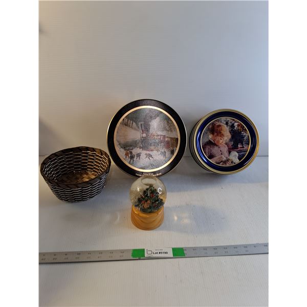 (2) Tin Containers, Woven Basket & Holiday Globe