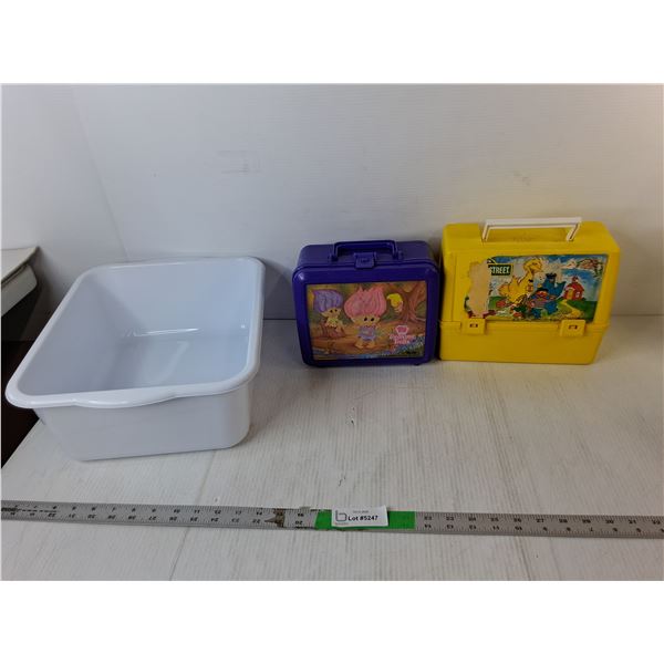 Dish Tub, (2) Vintage Lunch kits- Sesame Street, Treasure Trolls- As Is
