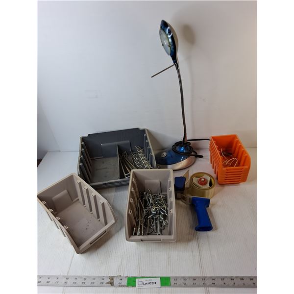 Trilight Desk Lamp 22.5", Tape Gun, Plastic Stacking Trays, Misc.