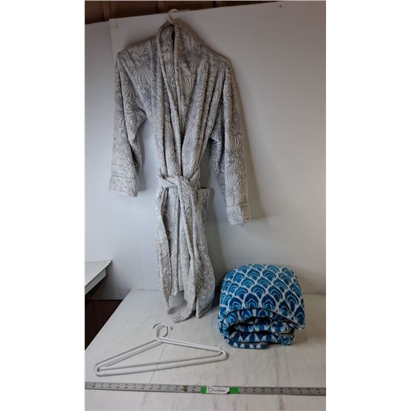 Women's Robe- S, (3) Hangers & Reversible Throw Blanket