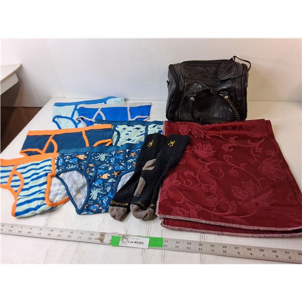 Leather Style Toiletry Bag, (6) Boys Underwear- 12/14, Table Runner, Misc.