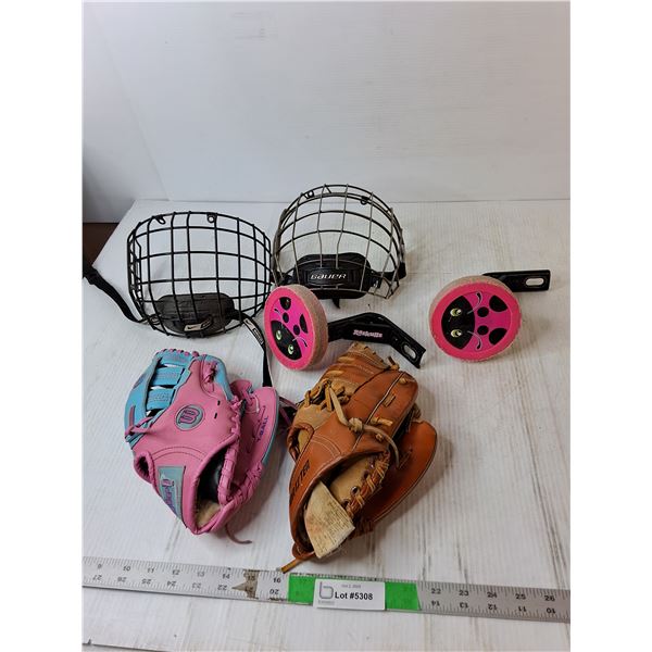Sports Lot- Bicycle Training Wheels, (2) Ball Gloves Approx. 10", (2) Hockey Masks