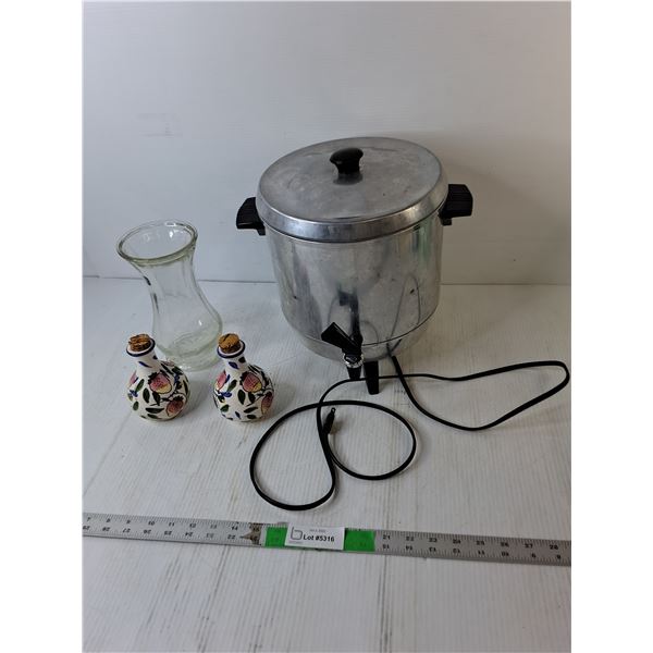 Electric Coffee Percolator- Powers On, (2) Ceramic Decanters, Glass Vase