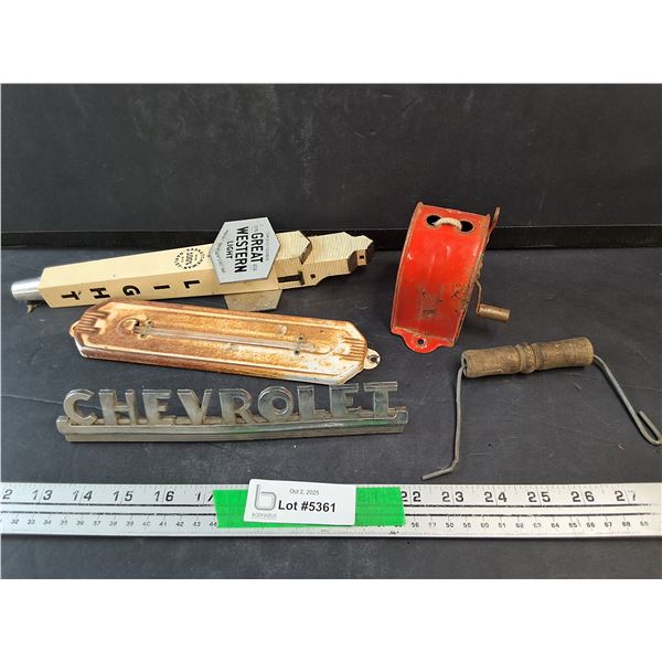 Great Western Beer Dispenser Handle, Vintage Pencil Sharpener, Chevrolet Emblem, Vintage Thermometer