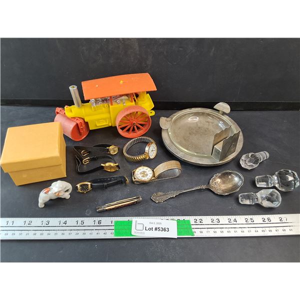Various Quartz Watches, Ash Tray, Silver Spoon, Elephant Ornament, Folding Knife, Misc