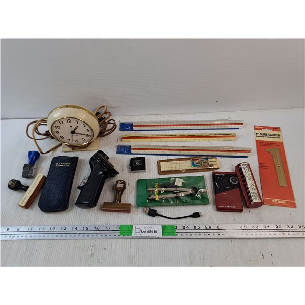 Westclox Electric Clock, Rulers, 4" Slide Caliper,Magnavox Am/FM Stereo, Measuring Tape, Misc