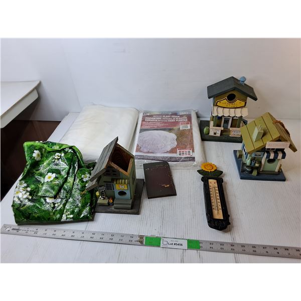 (3) Wooden Birdhouses Up to 8"- As Is, Thermometer, (2) Protective Plant Covers