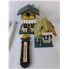 Image 2 : (3) Wooden Birdhouses Up to 8"- As Is, Thermometer, (2) Protective Plant Covers