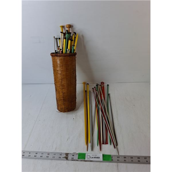 Knitting Needles in Wicker Basket