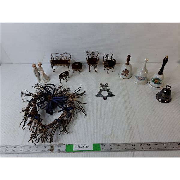 Mini Furniture Set, (4) Bells, Wooden Wreath