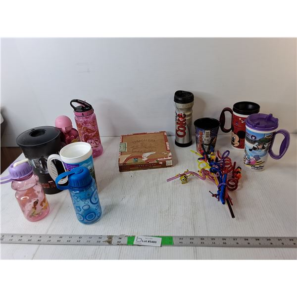 (10) Water Bottles/Mugs, Straws, Cigar Box