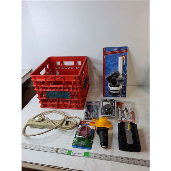 Plastic Milk Crate 13" x 11", Flush Valve Assembly- Sealed, Power Inverter, Misc.